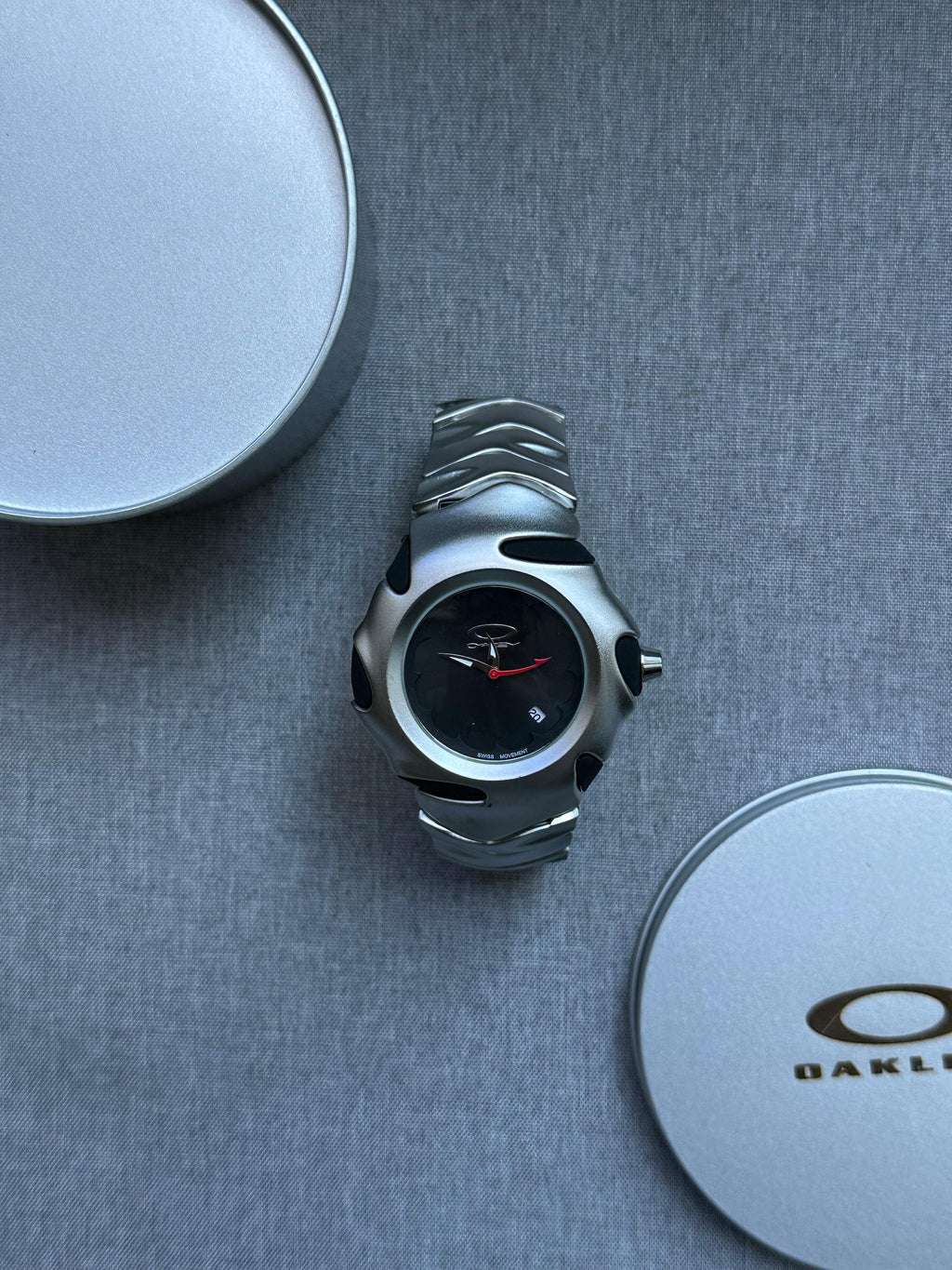 Oakley Blade Watch: Silver brushed Stainless Steel with Black Dial, Swiss Movement