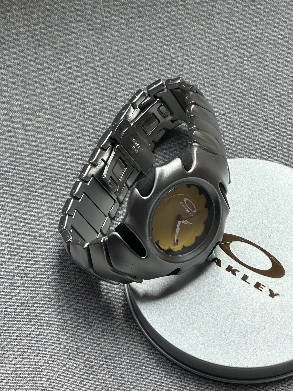 Oakley Blade Watch: Silver Brushed Stainless Steel with Yellow Dial, Swiss Movement