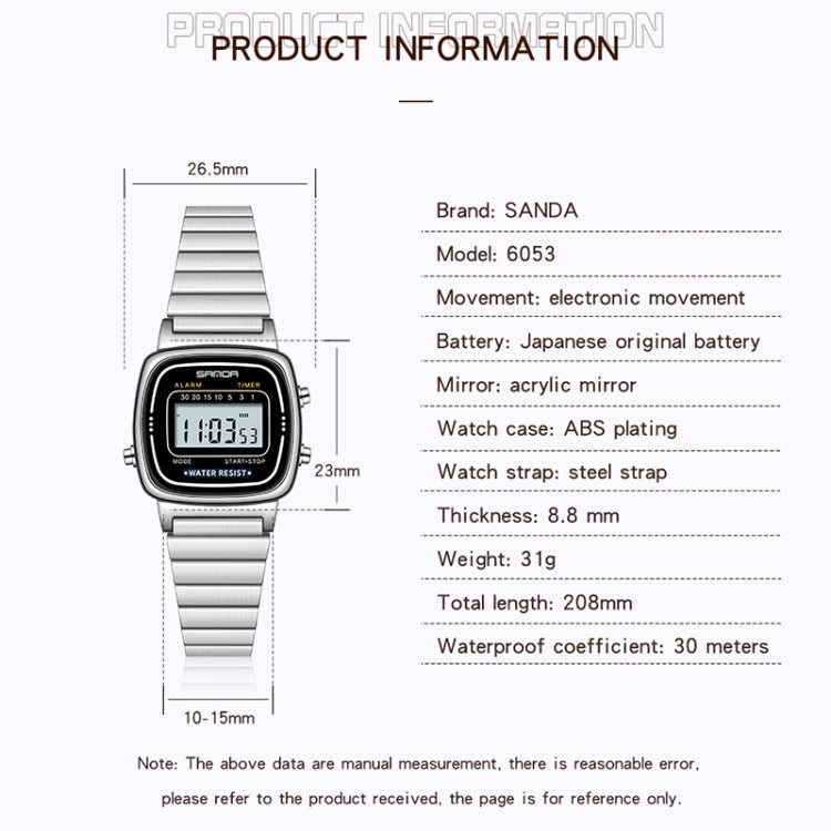 SANDA 6053 Square LED Digital Display Dial Running Seconds Alarm Clock Electronic Watch for Women