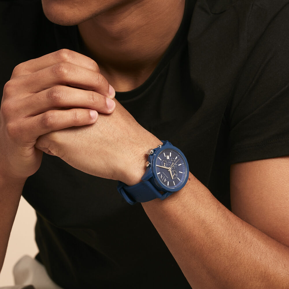 Men's Armani Exchange Outerbanks Chronograph Watch AX1327 – Blue Dial with Blue Silicone Strap