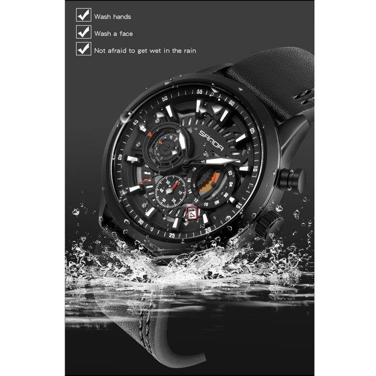 SANDA 5010P Six-Pin Cool Big Dial Waterproof Three-Eye Men Watch Leather Strap Fashion Trend Men Watch