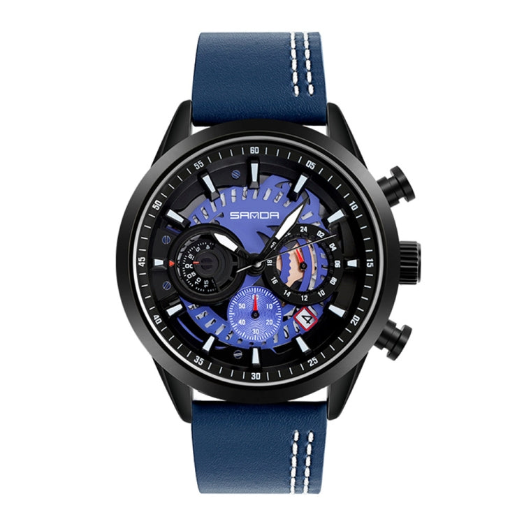 SANDA 5010P Six-Pin Cool Big Dial Waterproof Three-Eye Men Watch Leather Strap Fashion Trend Men Watch
