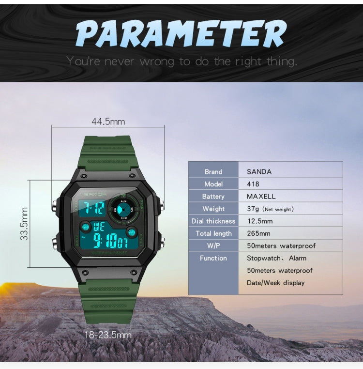 SANDA418 Square Wristwatch Swimming Waterproof Alarm Night light Male Student Watch Simple Fashion Sports Watch
