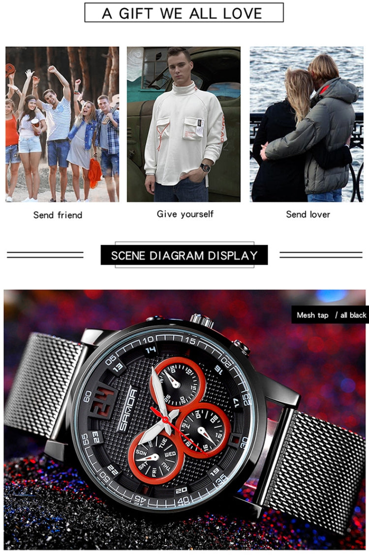 SANDA 5009 Business Fashion Three Eye Six Needle Casual Leather Waterproof Men Quartz Watch