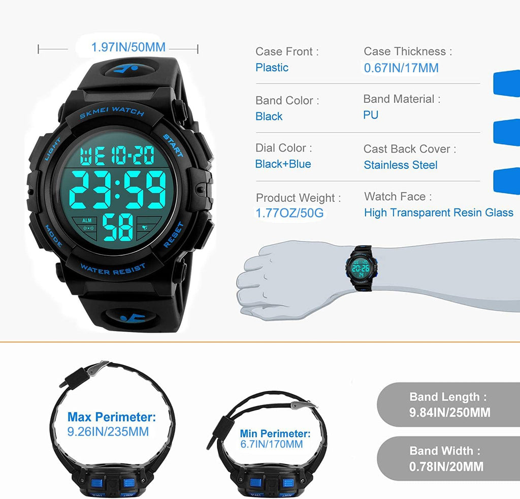 MJSCPHBJK Watches for Men, Digital Sports Watch for Mens Waterproof LED Screen Large Face Military Tactical Watch
