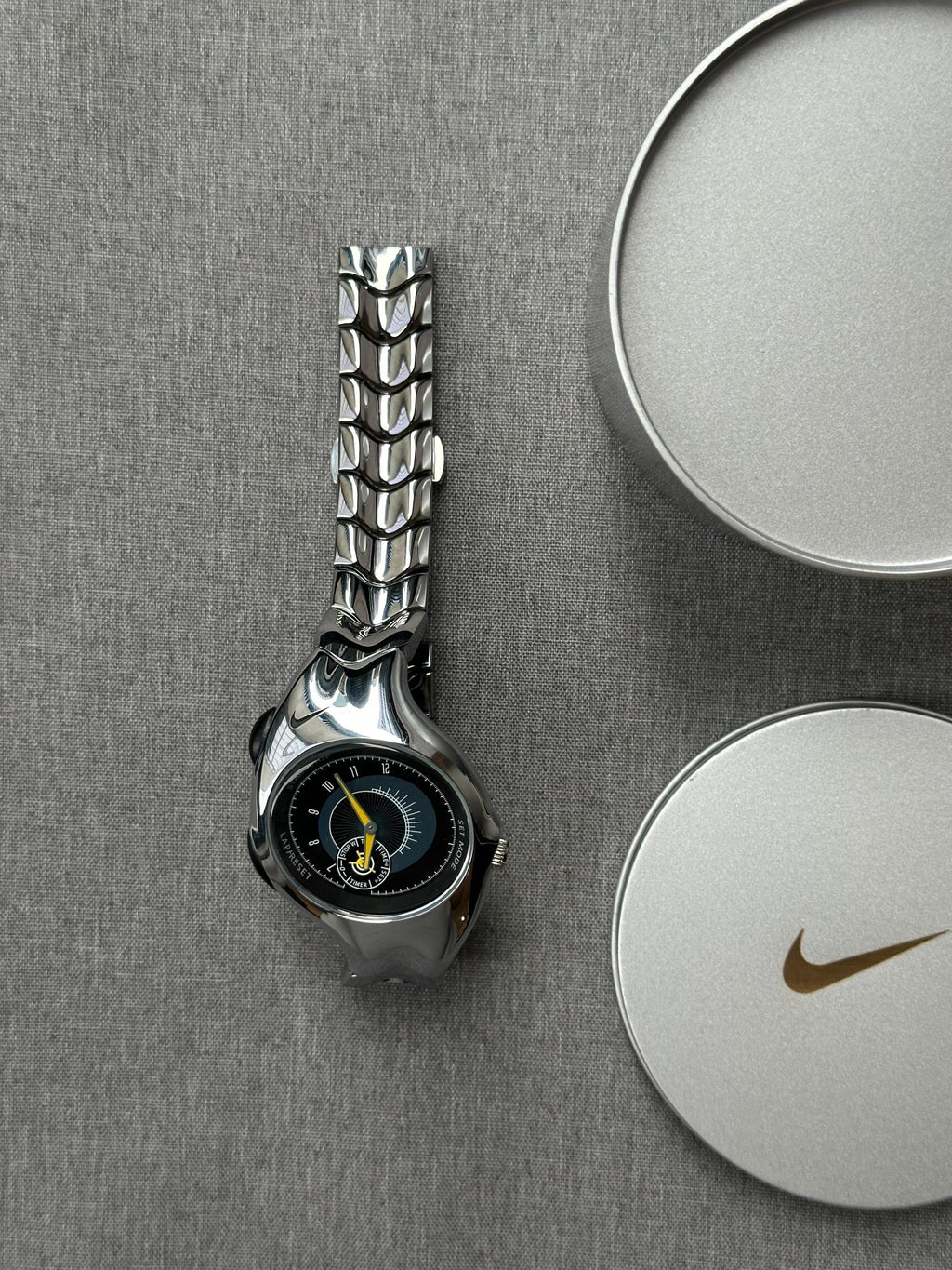 Nike Triax Chronograph Watch Shiny Silver with black yellow dial – Vintage Grey Stainless Steel Sports Watch, Rare Collectible Timepiece