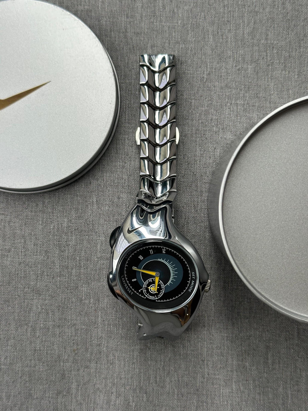 Nike Triax Chronograph Watch Shiny Silver with black yellow dial – Vintage Grey Stainless Steel Sports Watch, Rare Collectible Timepiece